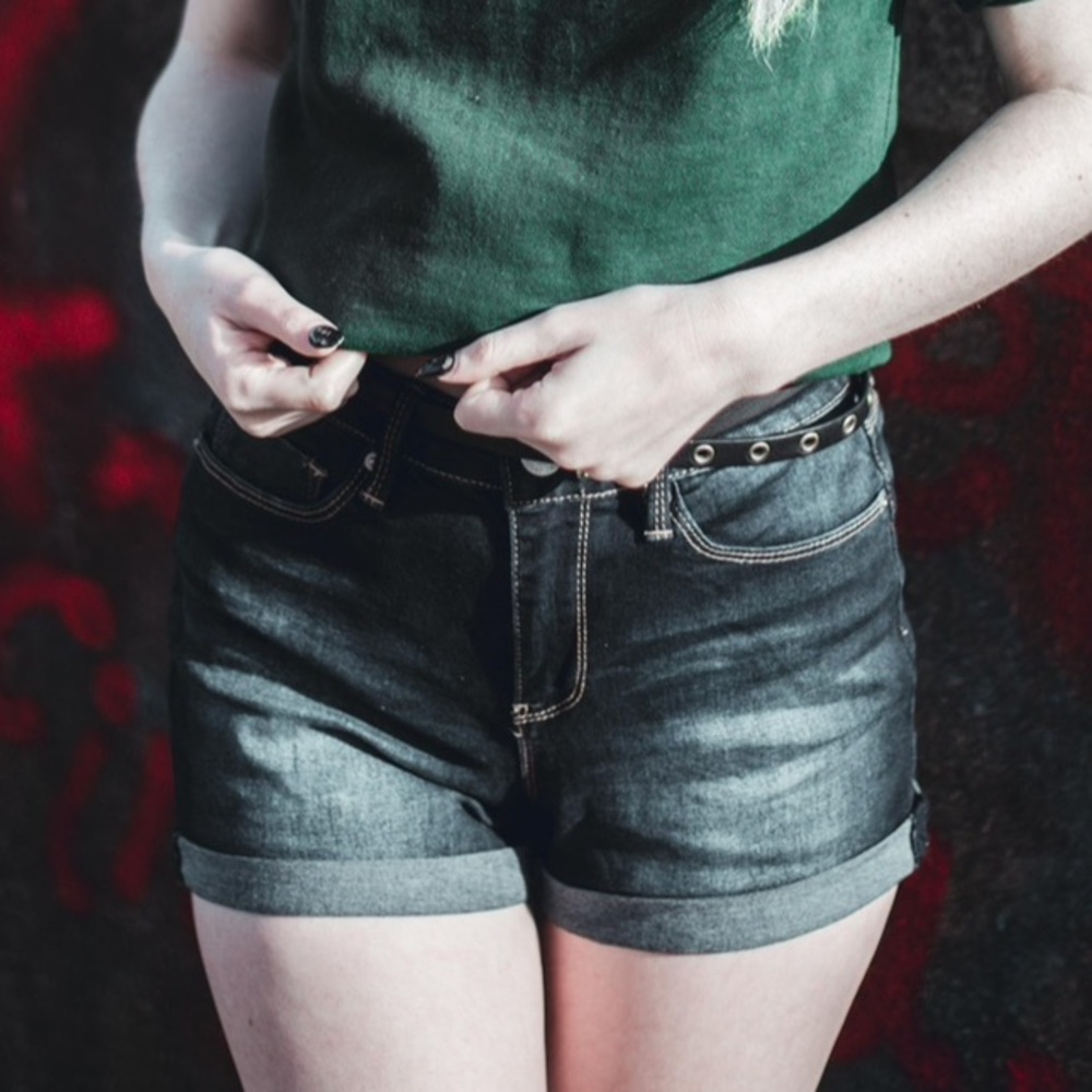 High waisted dark wash denim shorts